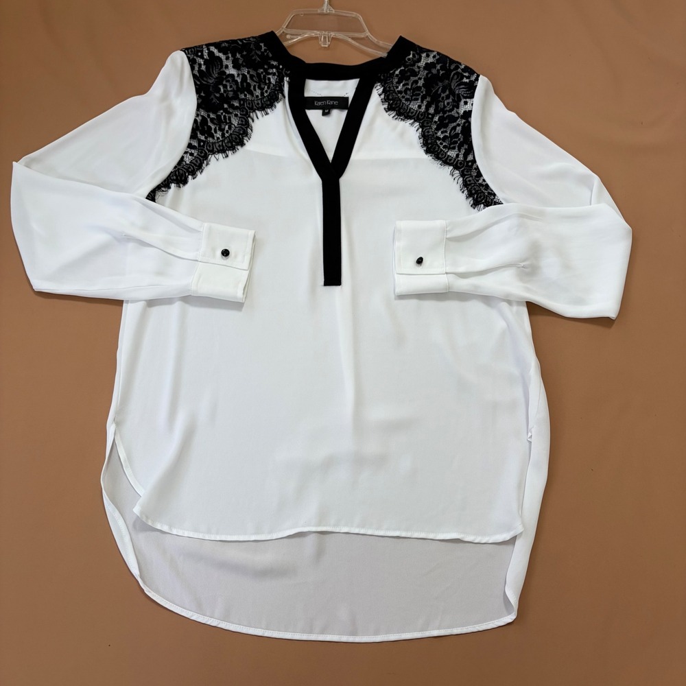Karen Kane Womens White Black Lace Shoulder High Low V-Neck Blouse M Office Work